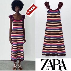 Zara multicoloured striped crochet knit ruffle cap sleeve midi maxi dress S NWT